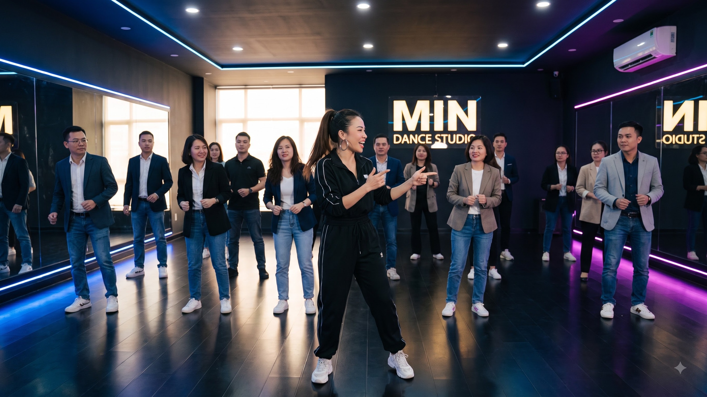 Biên đạo nhiệt tình hướng dẫn bài tập nhảy cho đội ngũ nhân sự tại studio